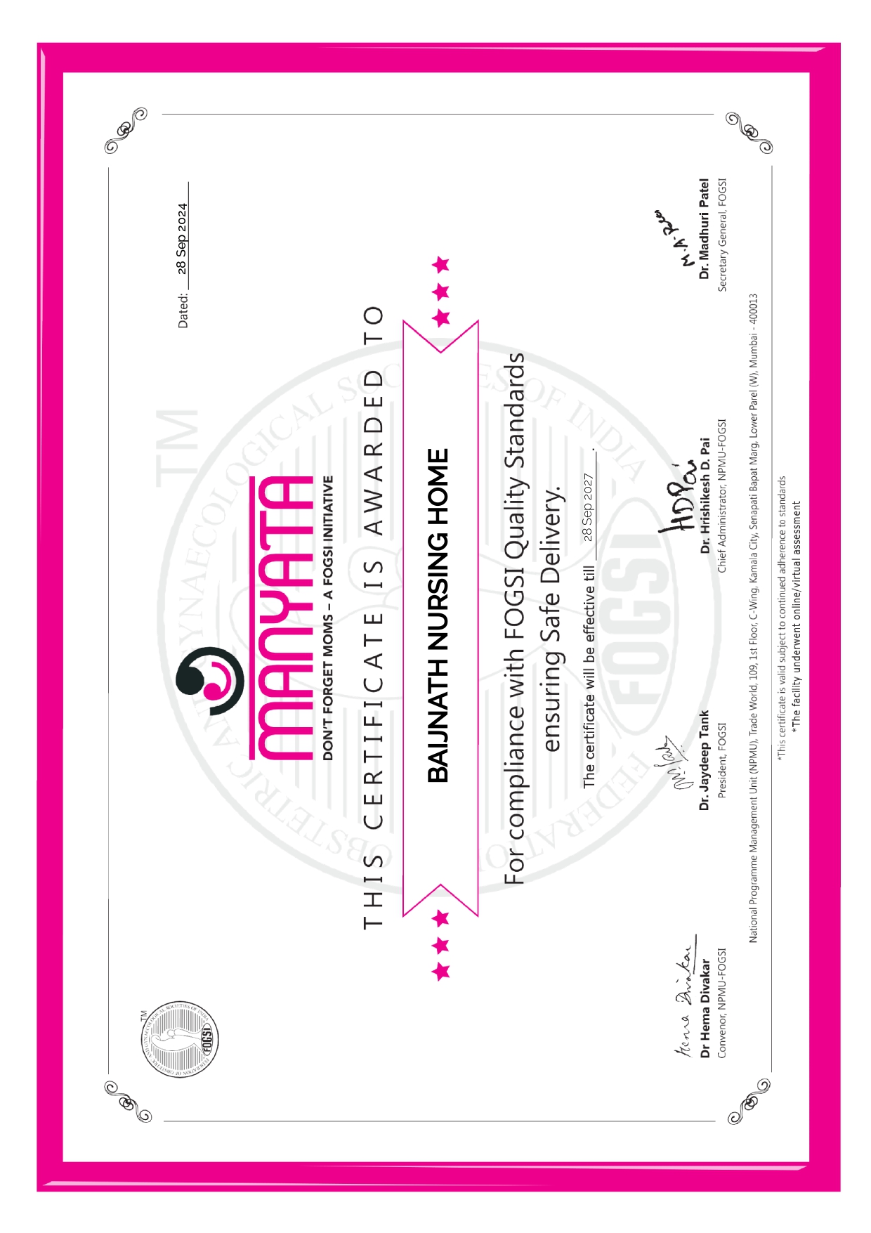 Manyata Certificate - Baijnath Nursing Home